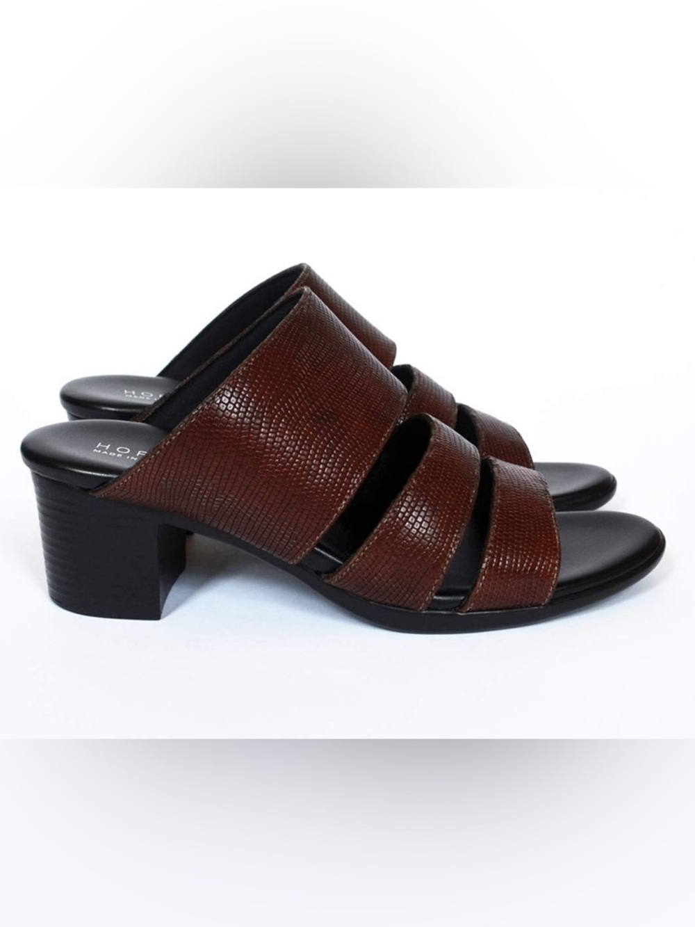 HOPP Lizard Embossed Leather Block Heel Mule Sandal Burgundy Size 8M Made in USA